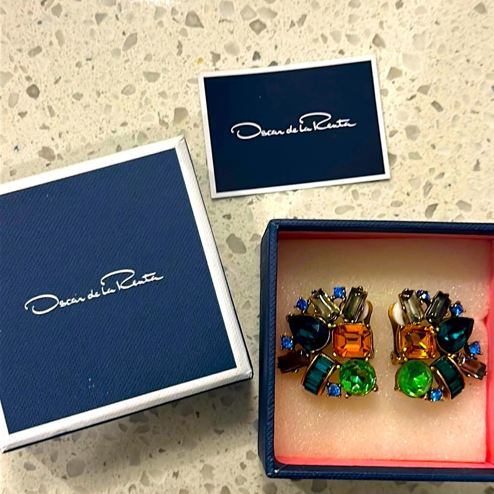 Oscar de la Renta earrings clip on multi color crystals with box